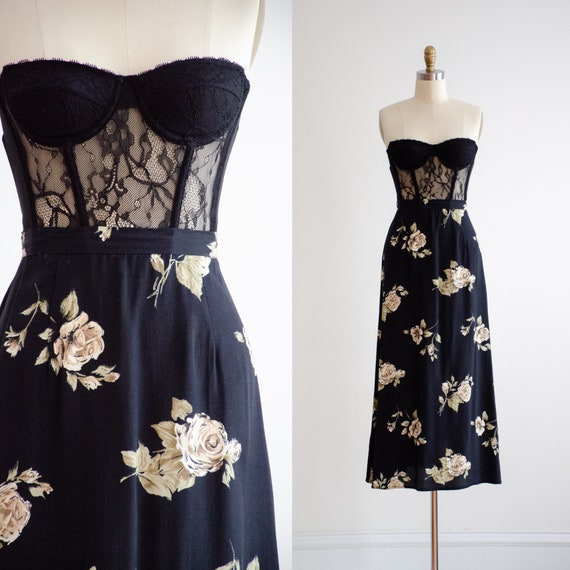 black floral skirt 90s vintage cottagecore rose fl