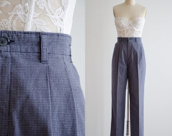 high waisted pants 80s 90s vintage Lee Casuals navy basket weave pleated dark academia cotton trousers