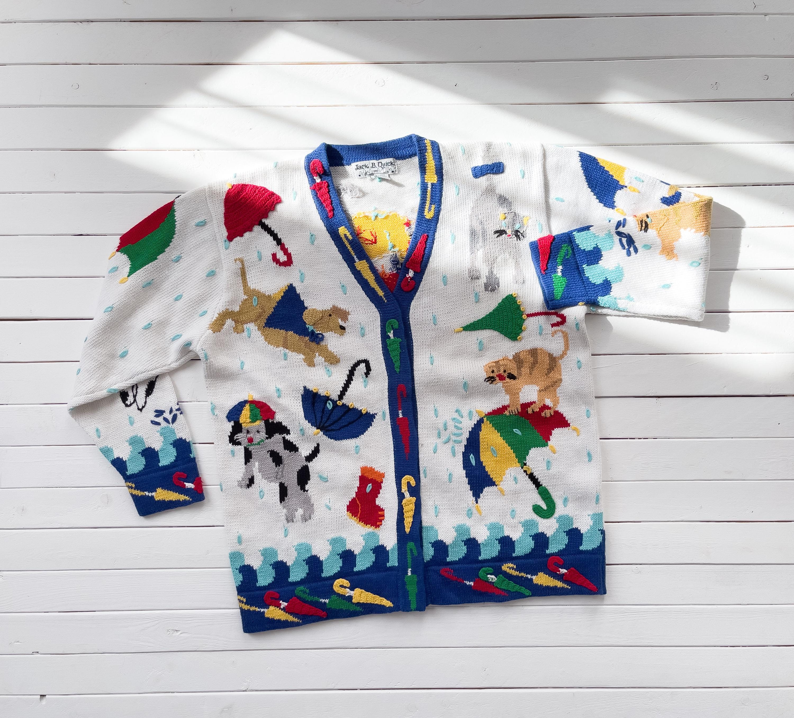 Cat Sweater 90s Vintage Jack B. Quick Raining Cats and Dogs Hand