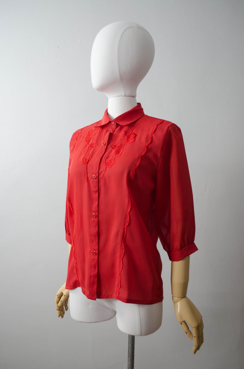red chiffon blouse red sheer blouse embroidered blouse