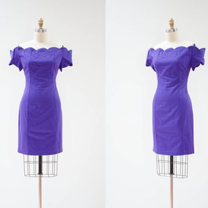 off shoulder mini dress 80s 90s vtg Moda Intl bright purple cotton short dress