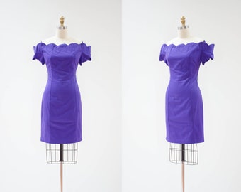 off shoulder mini dress | 80s 90s vintage Moda Int'l bright purple cotton short bodycon vintage cocktail party dress