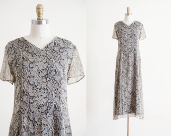 Lange jaren 90 zijden chiffonjurk | Losse oversized vintage onderjurk met slangenprint