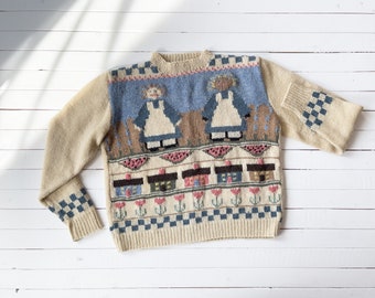 cute cottagecore sweater 80s 90s vintage country farm rag doll cream wool sweater