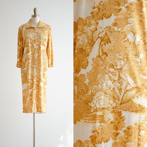 baroque vintage nightgown 70s white yellow toile patterned silky dress