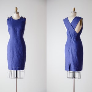 blue linen dress 80s 90s vtg Liz Claiborne cross back pinafore short mini dress