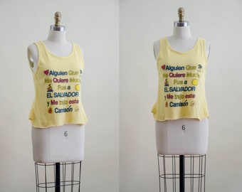 vintage tourist tshirt | 80s 90s vintage El Salvador Spanish yellow cotton beach novelty print short cropped tank top