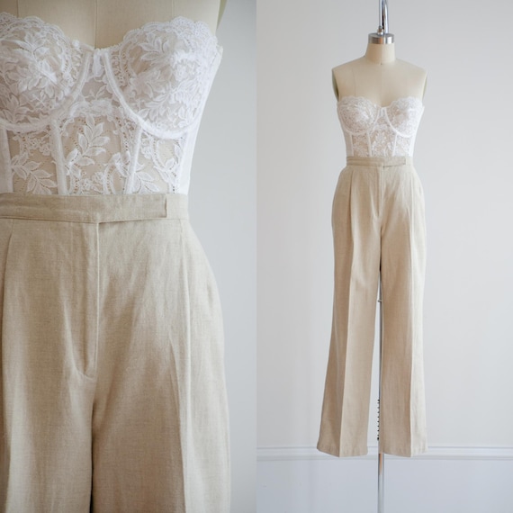High Waisted Pants 90s Vintage Liz Claiborne Beige Linen