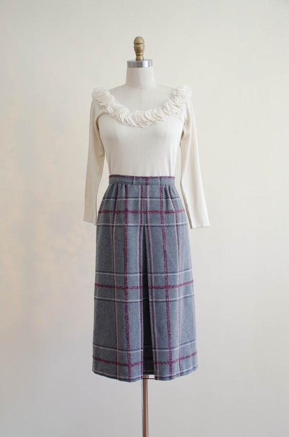 plaid wool skirt | 70s 80s vintage light gray bur… - image 2