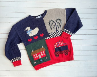 cute cottagecore sweater | 80s 90s vintage Deans of Scotland red blue duck bird house farm animal country cotton sweater