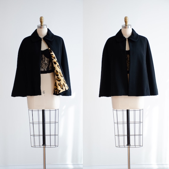 black wool cape 50s 60s vintage leopard print fau… - image 1