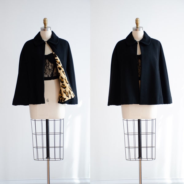 black wool cape 50s 60s vintage leopard print faux fur lined short cape