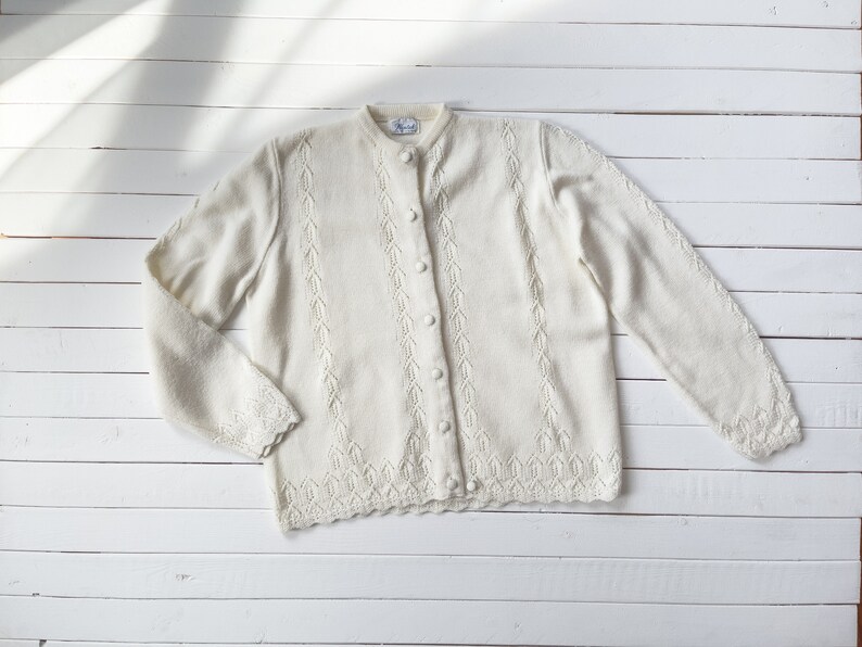 cream cardigan sweater 60s 70s vintage pointelle knit sweater image 2