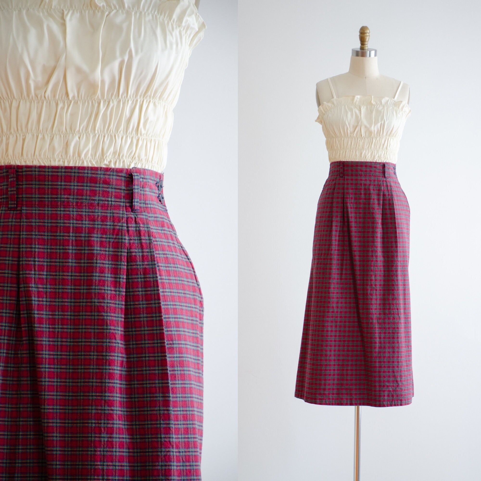 Vintage tartan skirt with white jumper and burgundy tights - Rebel