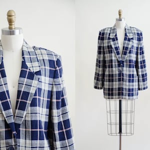 navy blue plaid jacket linen plaid blazer image 1