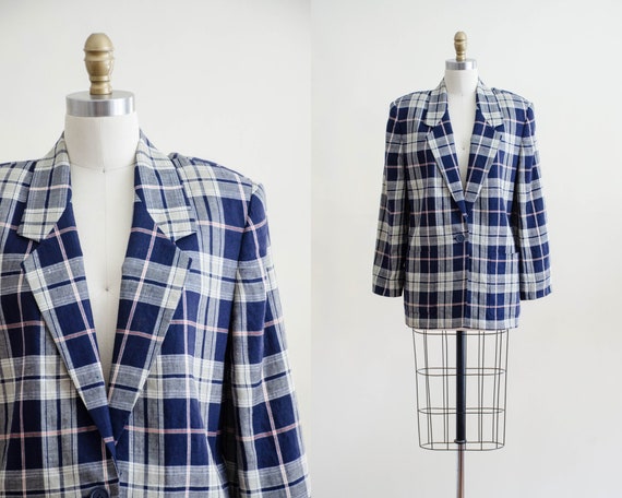 navy blue plaid jacket | linen plaid blazer - image 1