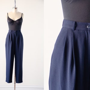 high waisted pants | 90s vintage navy blue wool style dark academia pleated trousers