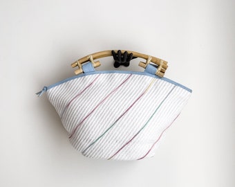 woven straw bag 80s vintage white blue rainbow bamboo handbag purse