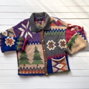 bestickter Wollpullover 90er Jahre Vintage Charter Club Winter Pine Tree Patchwork-Strickjacke
