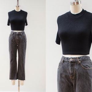 vintage Polo jeans | 90s vintage distressed boyfriend baggy relaxed fit cropped frayed cuff faded black mom jeans 28x25