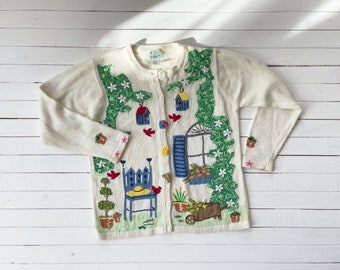 embroidered sweater 90s vintage Quacker Factory cute garden cottagecore white cardigan