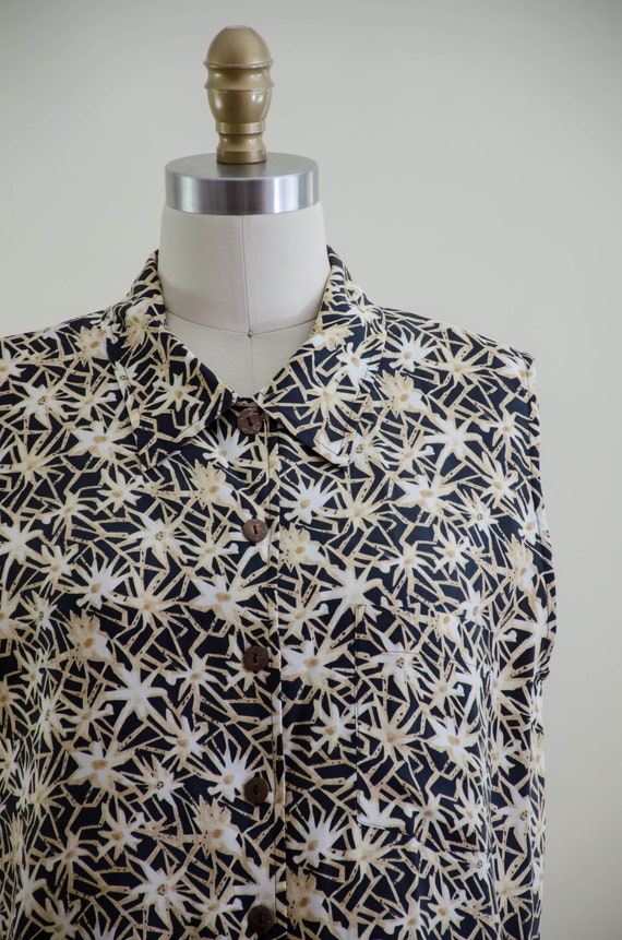 silk daisy blouse | 90s vintage black beige white… - image 3