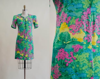 country scenic dress | 80s vintage green yellow pink cottagecore trees meadows floral puff sleeve novelty print dress