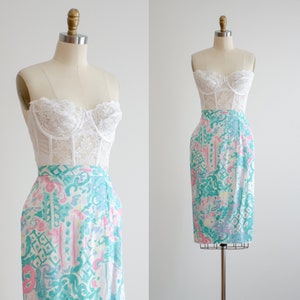 mint green skirt 80s vintage white pink abstract floral pencil skirt