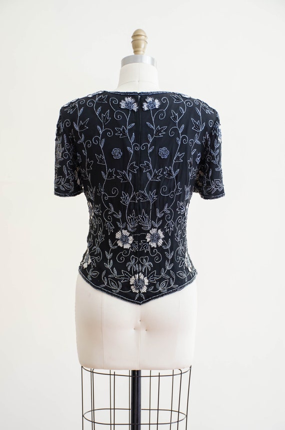 black beaded top | 80s vintage black floral silk … - image 8