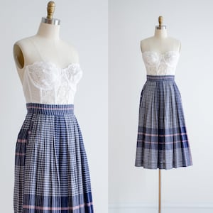 navy blue plaid skirt | 80s 90s vintage red white blue cute cottagecore fit and flare cotton midi skirt