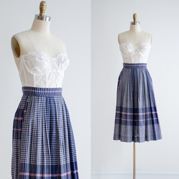 navy blue plaid skirt | 80s 90s vintage red white… - image 1