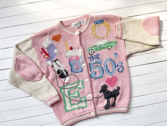 希少　EAGLE'S EYEヴィンテージニットベスト　牛柄とても可愛い Eagles Eye Sweater Vtg 50s Novelty Print Pink Jukebox Poodle Hand