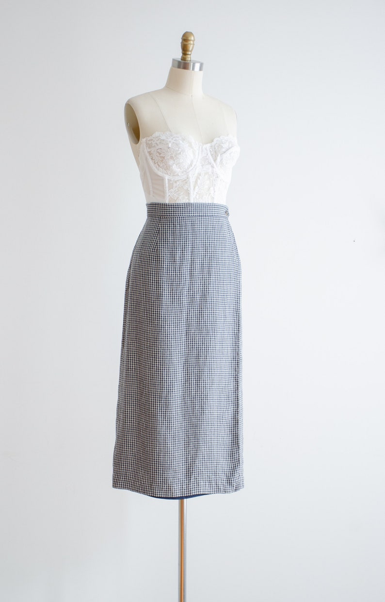 long linen skirt 90s vintage navy blue greige houndstooth pattern longline midi wrap skirt image 4