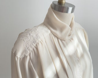 cream embroidered blouse 80s vintage sheer high collar blouse