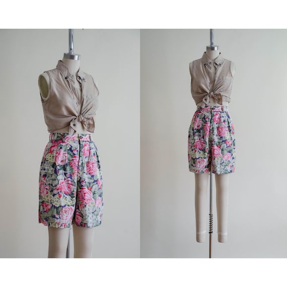 high waisted shorts GAP vtg blue pink floral cott… - image 1