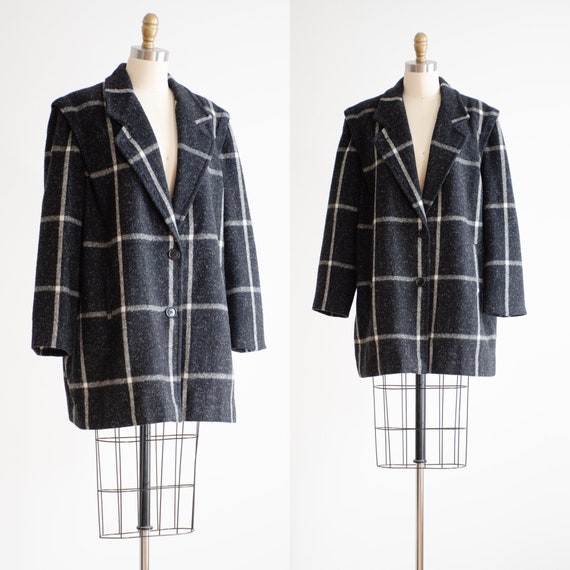 plaid wool coat 80s vintage Miss New Yorker black… - image 1