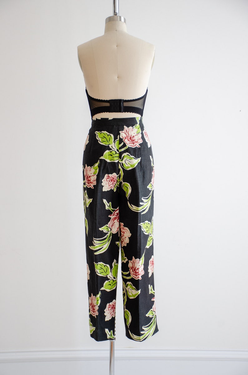 wide leg linen pants 90s y2k vintage Bob Mackie black pink green floral high waisted linen trousers image 5