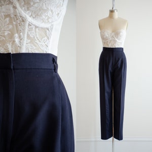 high waisted pants 90s vintage Liz Claiborne navy wool gabardine dark academia pleated wool trousers