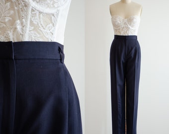 high waisted pants 90s vintage Liz Claiborne navy wool gabardine dark academia pleated wool trousers