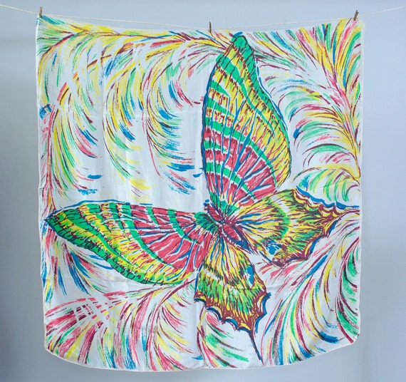 1940s vintage scarf / rainbow silk butterfly scarf - image 1