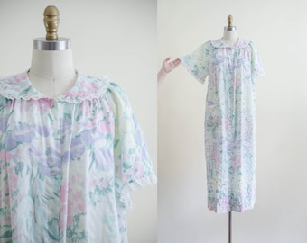 pastel floral nightgown | 80s vintage ruffled eyelet lace romantic floral cottagecore robe house dress