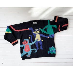 Berek wool sweater 80s 90s vintage black wool monkey banana novelty hand knit