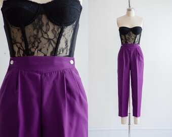 high waisted pants | 80s vintage bright purple pleated cropped ankle trousers