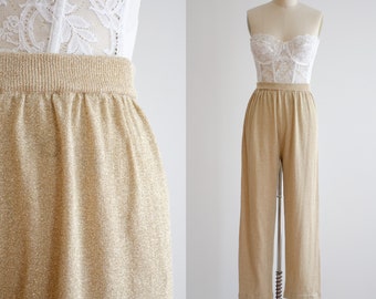 gold knit pants 80s 90s vintage beige wide leg lounge pants