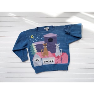 cat sweater 80s 90s vintage Mar Y Sol blue hand knit cotton sweater