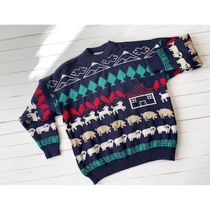 Kotare New Zealand vtg navy wool sheep pig farm animal country intarsia sweater