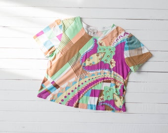psychedelic shirt | 70s 80s vintage Pucci style neon green purple brown abstract geometric cropped t-shirt