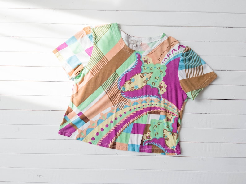 psychedelic shirt 70s 80s vintage Pucci style neon green purple brown abstract geometric cropped t-shirt image 1