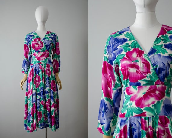 floral midi dress | 1980s dress | long sleeve dress - Gem