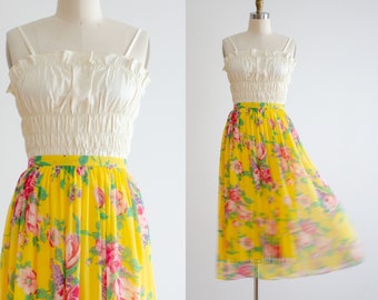 yellow silk skirt 90s vintage Adrienne Vittadini hot pink floral silk chiffon midi skirt